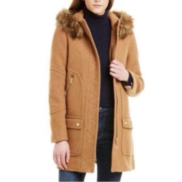 J Crew Woman’s Wool Car Coat NWOT Camel with Fur Trim Size 10 - Picture 1 of 11